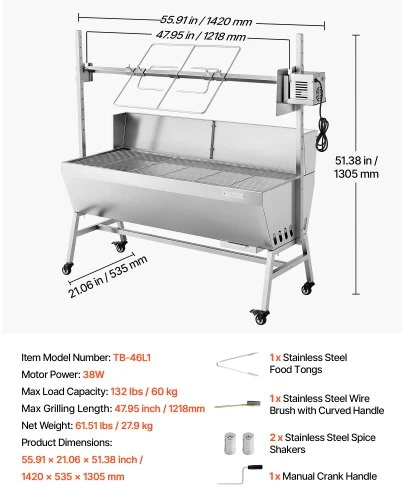 VEVOR Rotacinis grilis, 38 W, 60 kg, su ratukais ir 4 aukščio lygiais