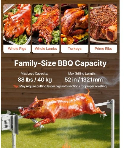 VEVOR Rotacinis grilis, elektrinis rotisserie komplektas, AC220-240V, 8 lygių aukščio reguliavimas, 88 lb/40 kg, 38 W