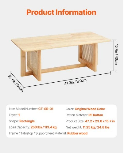 VEVOR Rotango kavos staliukas, stačiakampis, 1200 x 600 x 400 mm, su gummedžio stalviršiu, natūralios medienos kojomis