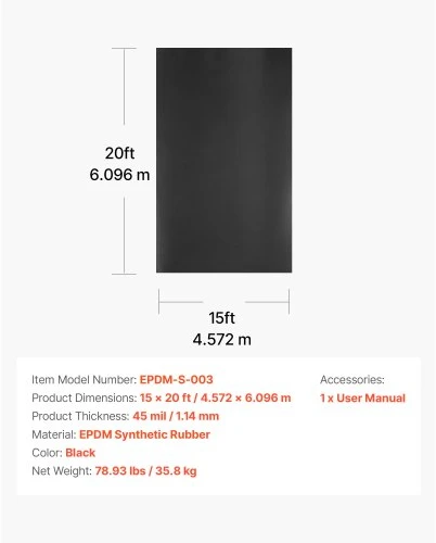 Koduva VEVOR ruloninė stogo danga, 15 x 20 ft, 45 mil EPDM guminė danga