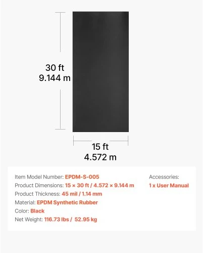 Koduva VEVOR ruloninė stogo danga, 15 x 30 ft, 45 mil EPDM guminė danga