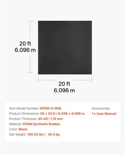Koduva VEVOR ruloninė stogo danga, 20 x 20 ft, 45 mil EPDM guma