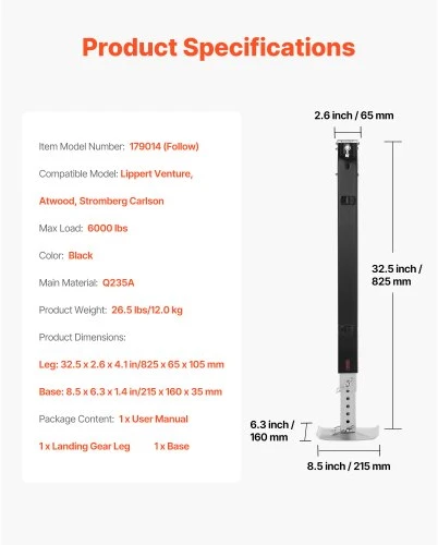 VEVOR RV priekinės penktosios jungties atramos koja 179014, 825 mm, juoda