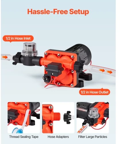 VEVOR RV vandens siurblys, 12 V DC, 5 GPM (18,9 l/min), 4 kamerų savaiminio įsiurbimo membraninis, 70 PSI