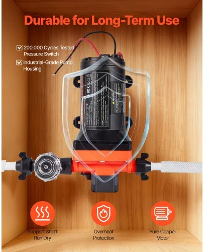 VEVOR RV vandens siurblys, 12 V DC, 5 GPM (18,9 l/min), 4 kamerų savaiminio įsiurbimo membraninis, 70 PSI