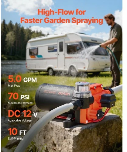 VEVOR RV vandens siurblys, 12 V DC, 5 GPM (18,9 l/min), 4 kamerų savaiminio įsiurbimo membraninis, 70 PSI
