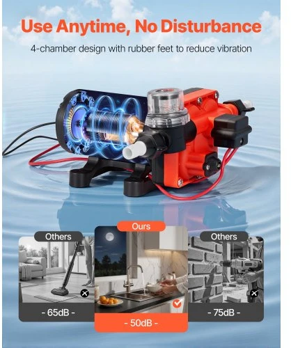 VEVOR RV vandens siurblys, 12 V DC, 5 GPM (18,9 l/min), 4 kamerų savaiminio įsiurbimo membraninis, 70 PSI