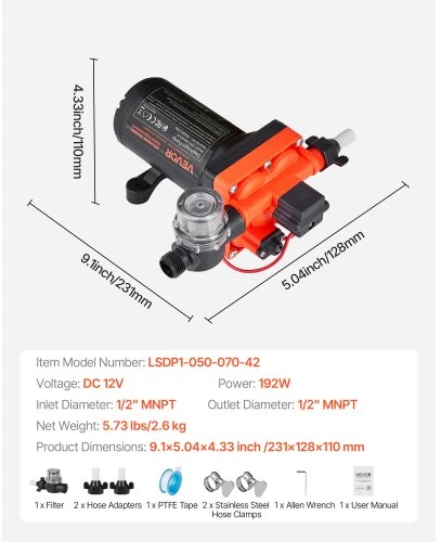 VEVOR RV vandens siurblys, 12 V DC, 5 GPM (18,9 l/min), 4 kamerų savaiminio įsiurbimo membraninis, 70 PSI