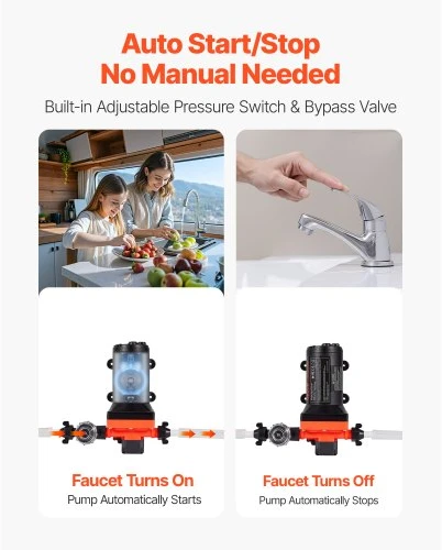 VEVOR RV vandens siurblys, 12 V DC, 5 GPM (18,9 l/min), 4 kamerų savaiminio įsiurbimo membraninis, 70 PSI