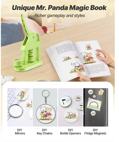 Koduva VEVOR sagų gaminimo aparatas, 32 mm, plastikinis, su 500 vnt. sagų dalių, „Mr. Panda Magic Book“, apvalus pjaustytuvas ir šešiakampiai raktai