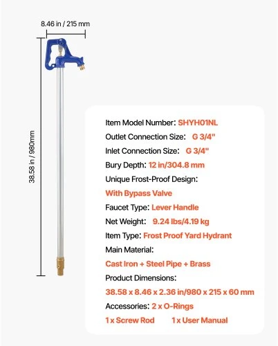Koduva VEVOR šalčiui atsparus kiemo hidrantas, 980 mm, G 3/4" jungtis, 305 mm įkasimo gylis