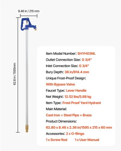 Koduva VEVOR šalčiui atsparus kiemo hidrantas, 1595 mm, G 3/4, 914,4 mm įkasimo gylis
