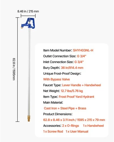 Koduva VEVOR šalčiui atsparus sodo hidrantas, 1595 mm, G 3/4", 914,4 mm įkasimo gylis