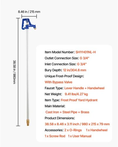 Koduva VEVOR šalčiui atsparus sodo hidrantas, 980 mm, G 3/4", 305 mm įkasimo gylis, svirtinė rankena + rankinis ratas