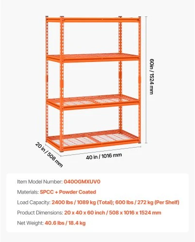 Koduva VEVOR sandėliavimo lentynos, 4 pakopų, 2400 lbs, reguliuojamos metalinės lentynos, 20 x 40 x 60 in, oranžinės
