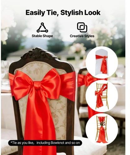 VEVOR Satino kėdžių juostos su kaspinais, 100 vnt., raudonos, 7 x 108 col.