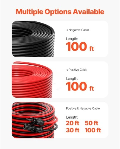 VEVOR Saulės panelių ilgintuvas 30,48 m/100 ft, 6 mm²/10 AWG, juodas + raudonas, 2 vnt.