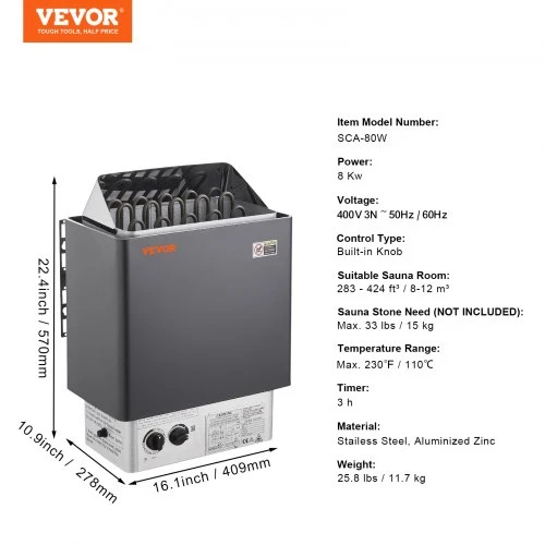 VEVOR Saunos krosnelė, 8 kW elektrinė, 400 V 3N, su 3 val. laikmačiu, integruotais valdikliais, 8–12 m³