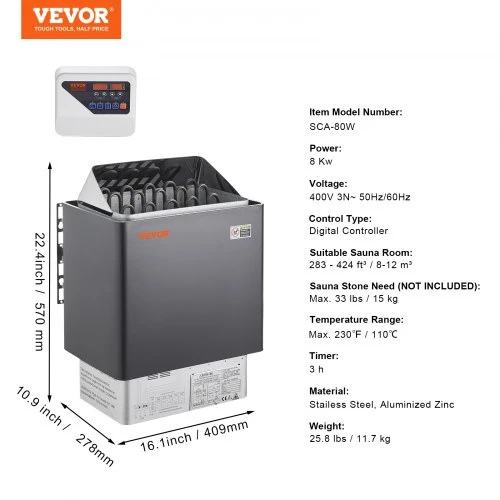 VEVOR Saunos krosnelė, 8 kW elektrinė, 400 V 3N, su 3 h laikmačiu ir skaitmeniniu valdikliu, 8–12 m³