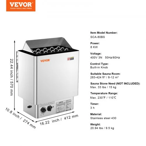 VEVOR Saunos krosnelė, 8 kW elektrinė, 400 V 3N, su 3 h laikmačiu, skirta 8–12 m³