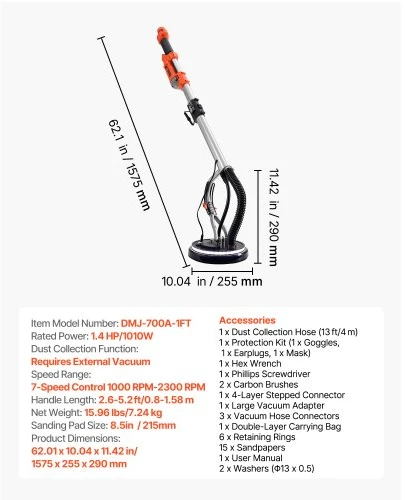 VEVOR Sausų sienų šlifuoklis DMJ-700A-1FT, 1010 W, 7 greičių, 1000–2200 aps./min, sulankstoma ir pailginama rankena