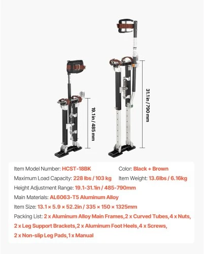 VEVOR Sausų sienų stiltai, reguliuojami 485–790 mm aliumininiai dažytojo stiltai, 103 kg, juodi
