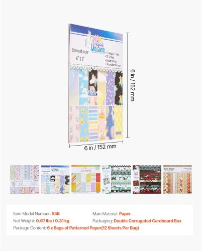 Koduva VEVOR scrapbooking popierius, 72 lapai, 152 mm, įvairių specialių raštų rinkinys