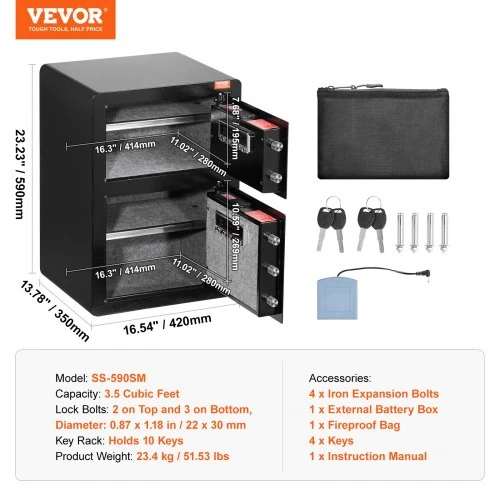 Koduva VEVOR seifas su dvigubomis durimis, 3.5 cu.ft, juodas, SS-590SM