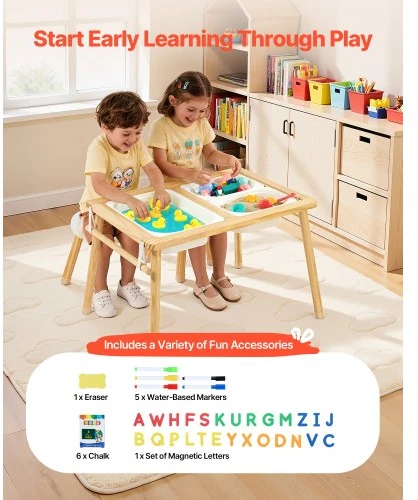 VEVOR Sensory table vaikams su 2 kėdutėmis, medinis, 81,5 x 60 x 50,5 cm, G16SKU3