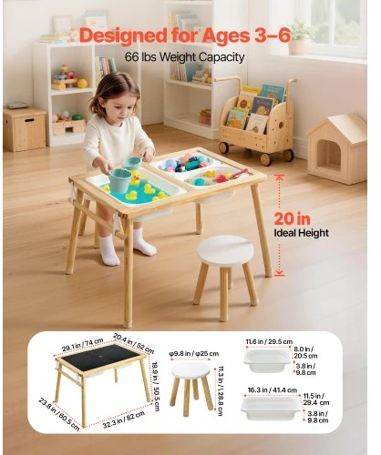 VEVOR Sensory table vaikams su 2 kėdutėmis, medinis, 81,5 x 60 x 50,5 cm, G16SKU3