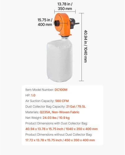 VEVOR Sieninis dulkių surinktuvas 1 HP, 560 CFM, 2,5 mikronų maišas