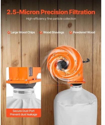 VEVOR Sieninis dulkių surinktuvas 1 HP, 560 CFM, 2,5 mikronų maišas