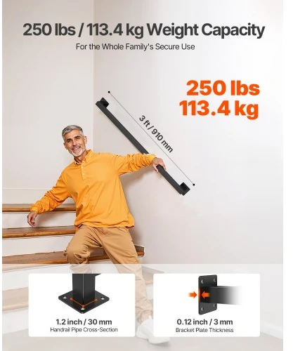 Koduva VEVOR sieninis laiptų turėklas, 1215 mm, juodas, anglinis plienas, 113 kg, 2 dalys