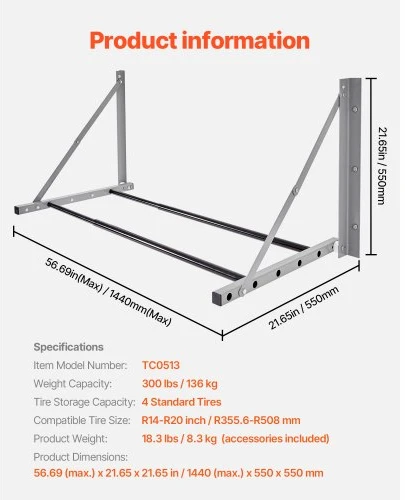 Koduva VEVOR sieninis sulankstomas padangų stovas, reguliuojamas 32"–48", R14–R20 padangoms, iki 300 lbs