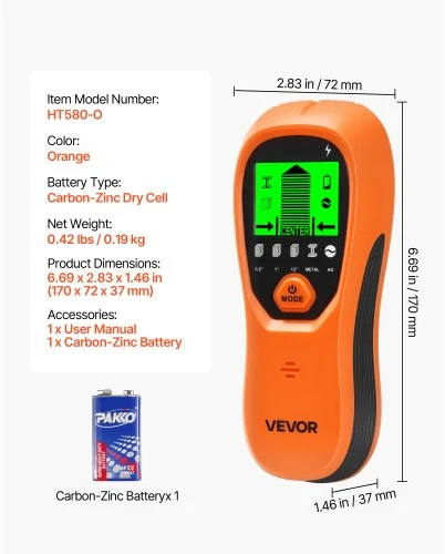 VEVOR Sieninis taškiklių ieškiklis, 5 viename, elektroninis su LCD ekranu ir garso signalu, oranžinis