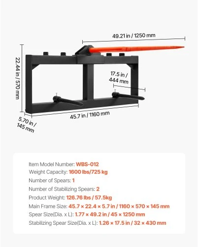 Koduva VEVOR šieno smaigas 49", 1600 lbs, krautuvo ir traktoriaus priedas, su 2 stabilizavimo smaigais