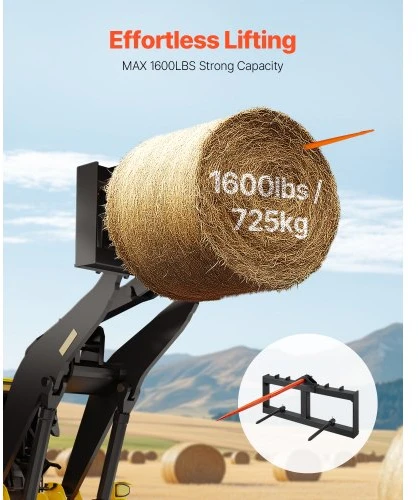 Koduva VEVOR šieno smaigas 49", 1600 lbs, krautuvo ir traktoriaus priedas, su 2 stabilizavimo smaigais
