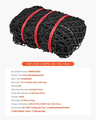 VEVOR Šieno tinklas apvaliems rulonams, 1,8 x 1,8 x 1,8 m, 38,1 x 38,1 mm akutės, be mazgų