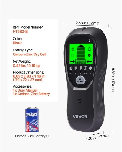 VEVOR Sienų detektorius „Stud Finder“ 5 viename, elektroninis taškiklių ieškiklis su išmaniuoju jutikliu, LCD ekranu ir garso signalu, juodas
