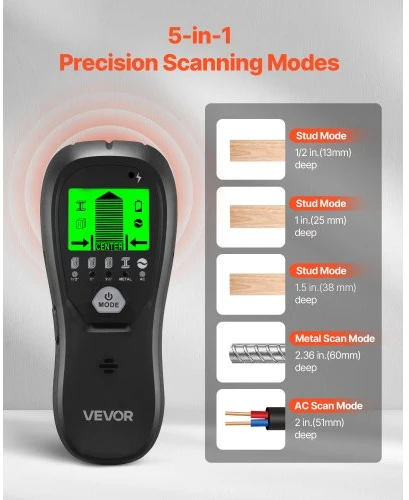 VEVOR Sienų detektorius „Stud Finder“ 5 viename, elektroninis taškiklių ieškiklis su išmaniuoju jutikliu, LCD ekranu ir garso signalu, juodas
