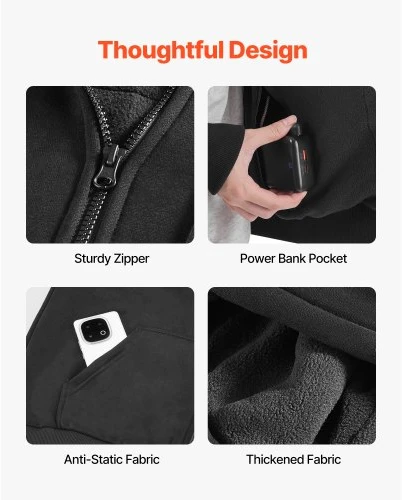 Koduva VEVOR šildomas džemperis su gobtuvu, unisex, juodas, su 7,4 V 16000 mAh išorine baterija, 5 šildymo zonos, XXXL
