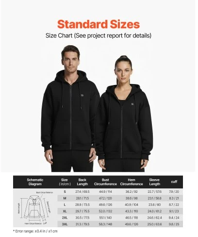 Koduva VEVOR šildomas džemperis su gobtuvu, unisex, juodas, su 7,4 V 16000 mAh išorine baterija, 5 šildymo zonos, XXXL