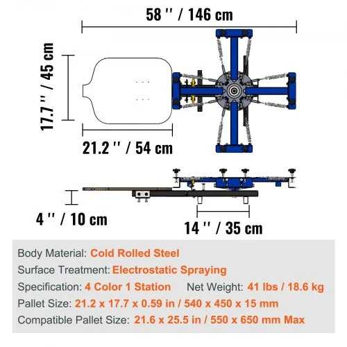 Koduva VEVOR šilkografijos mašina, 4 spalvų 1 stoties, 360° pasukama, 54 x 45 cm