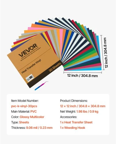 Koduva VEVOR šilumos perdavimo vinilas, 30 vnt., 304,8 x 304,8 mm, įvairių spalvų