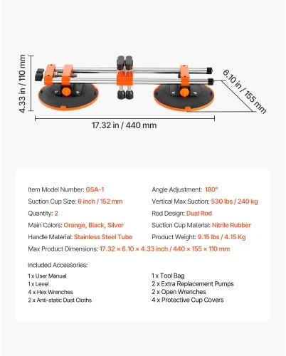 VEVOR Siūlių sujungimo įrankis Seam Setter, 2 vnt., granito siūlių sujungėjas su 6 in vakuuminiais siurbtukais ir įrankių krepšiu