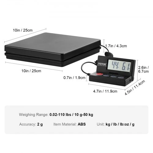 Koduva VEVOR siuntų svarstyklės, skaitmeninės pašto svarstyklės 49,9kg x 2 g, AC/DC, LCD