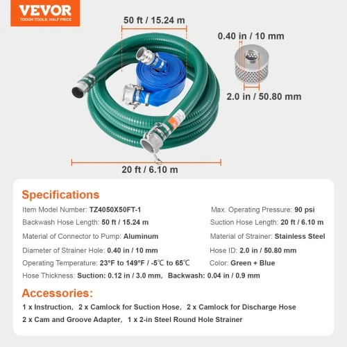 Koduva VEVOR siurbimo žarnų rinkinys vandens siurbliui, 51 mm (2 col.) x 15,2 m ir 6,1 m, su plieniniu filtru