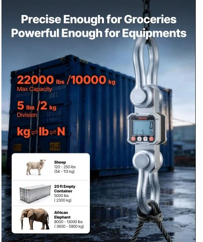 Koduva VEVOR skaitmeninės krano svarstyklės, 22000 lbs/10 T, pramoninės pakabinamos svarstyklės su LCD ekranu ir nuotoliniu valdymu