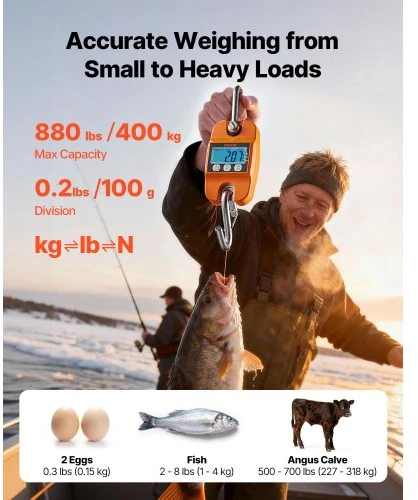 Koduva VEVOR skaitmeninės krano svarstyklės, 400 kg, rankinės pakabinamos svarstyklės su LCD ekranu, 100 g padala