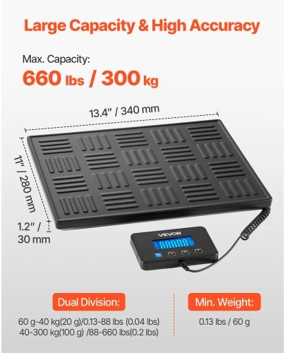 Koduva VEVOR skaitmeninės siuntų svarstyklės, 300 kg, su Hold ir Tare funkcijomis, LCD ekranas